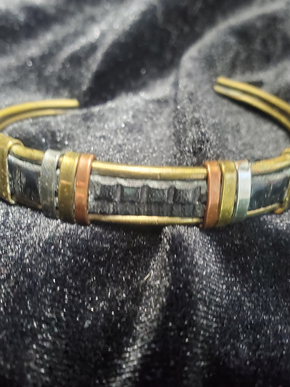Artisan Multi-Tone Copper Brass Silver Metal Cuff Bracelet with Black Inlay
